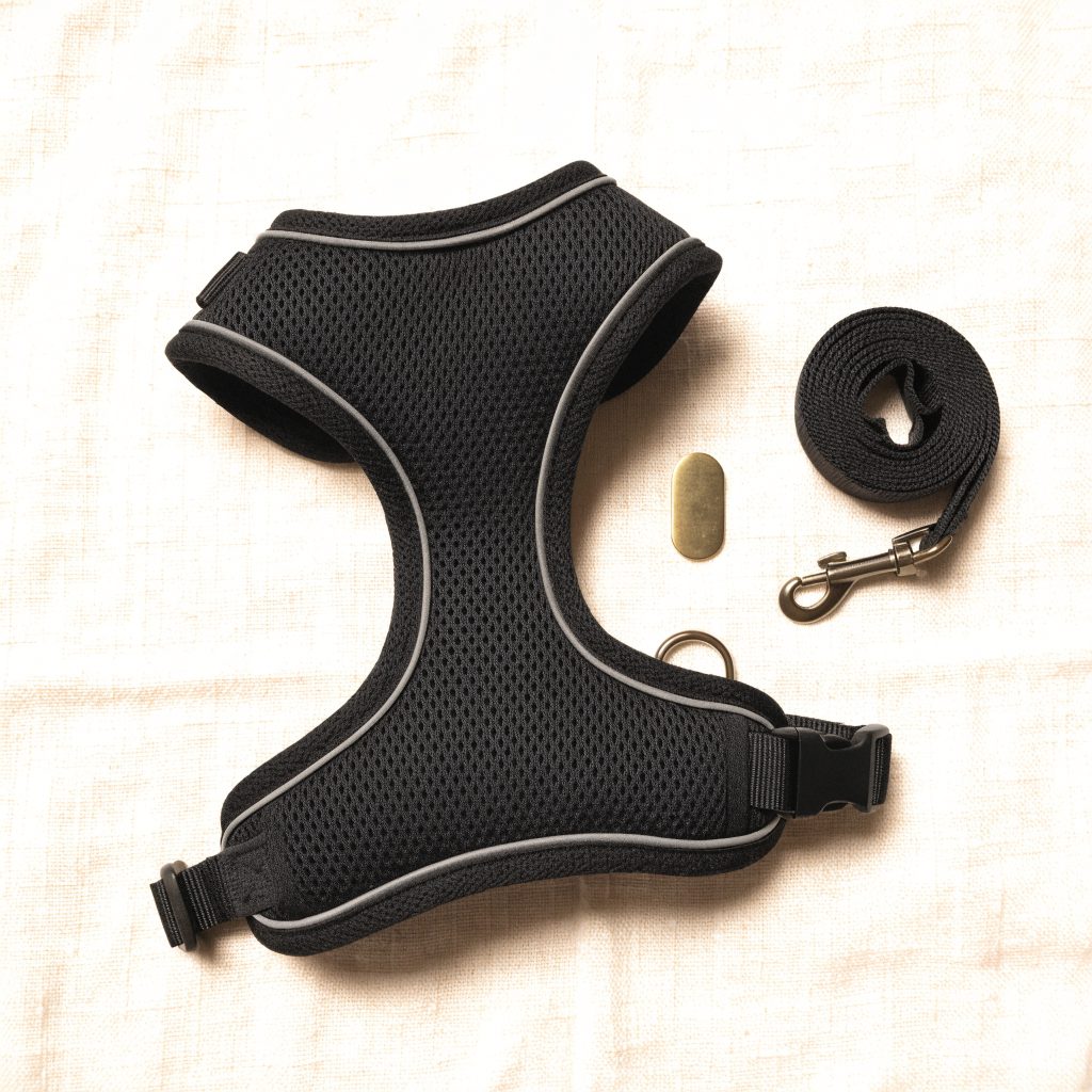 The bundle laid out: black vest harness, matching leash, slide-on brass tag